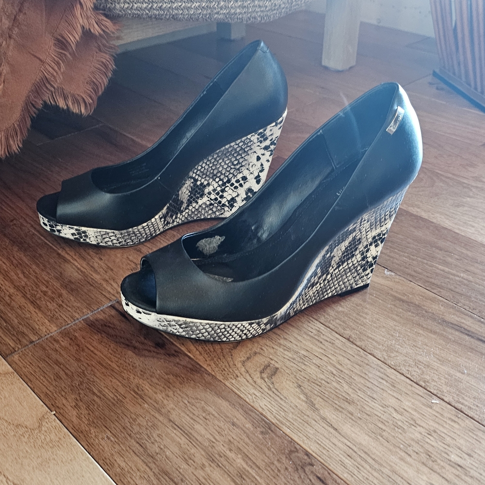 Calvin Klein Black and Snake Print Wedges